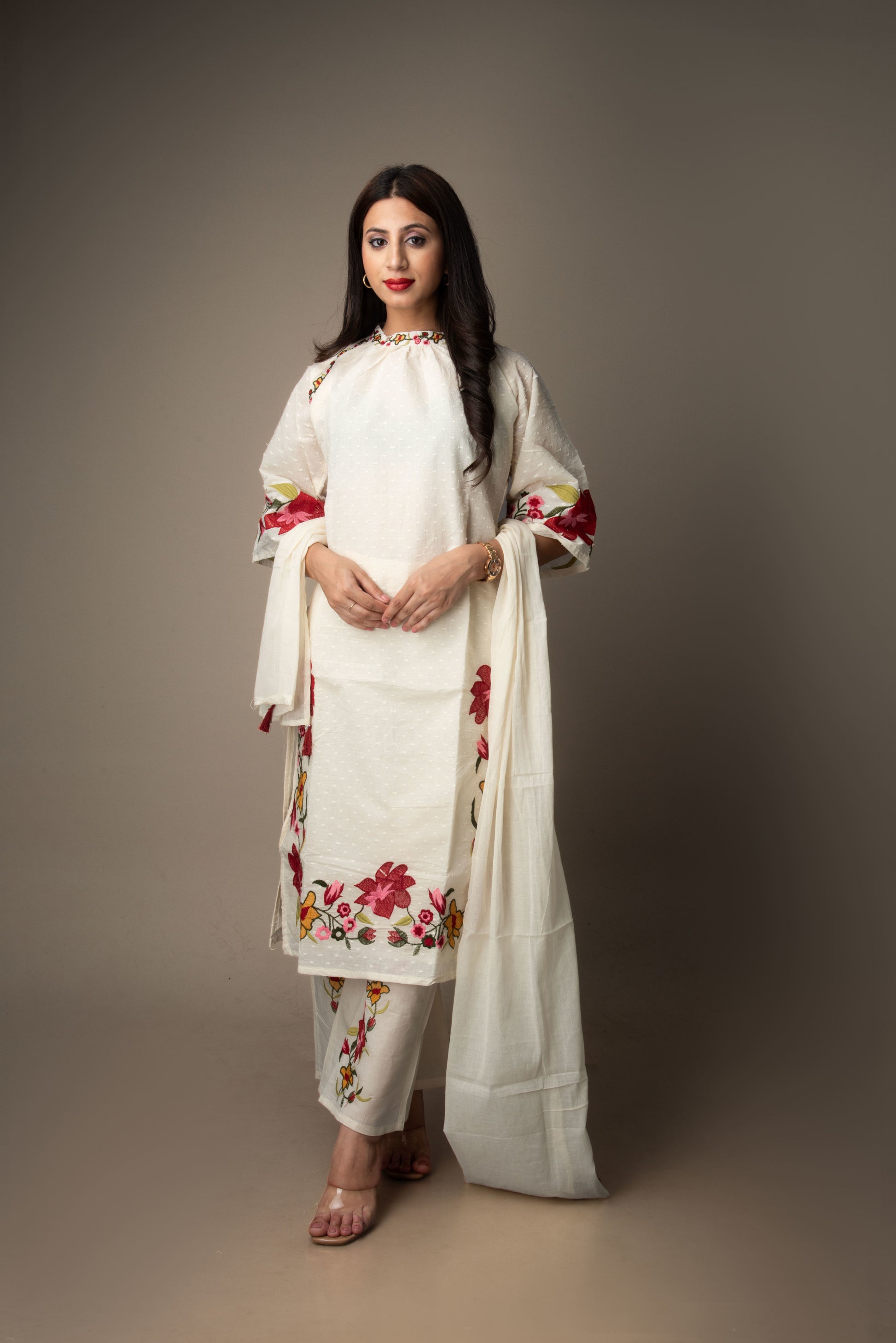 Vaidehi – Ivory Hand-Embroidered Floral Suit Set | The Heirloom Edit