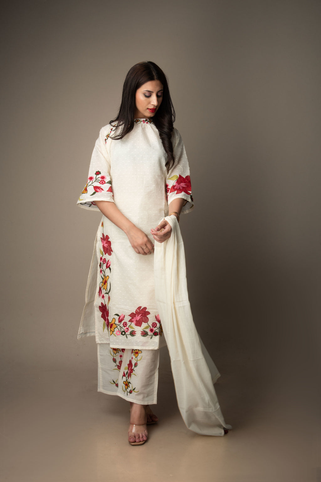 Vaidehi – Ivory Hand-Embroidered Floral Suit Set | The Heirloom Edit