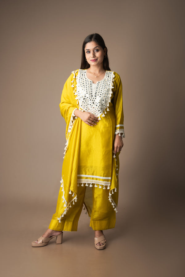 Vibha – Yellow Chinnon Mirror-Embroidered 3 Piece Set | The Utsav Edit