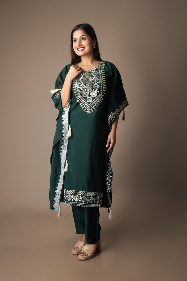 Sharini – Emerald Green Roman Silk Embroidered Kaftan Set | The Utsav Edit