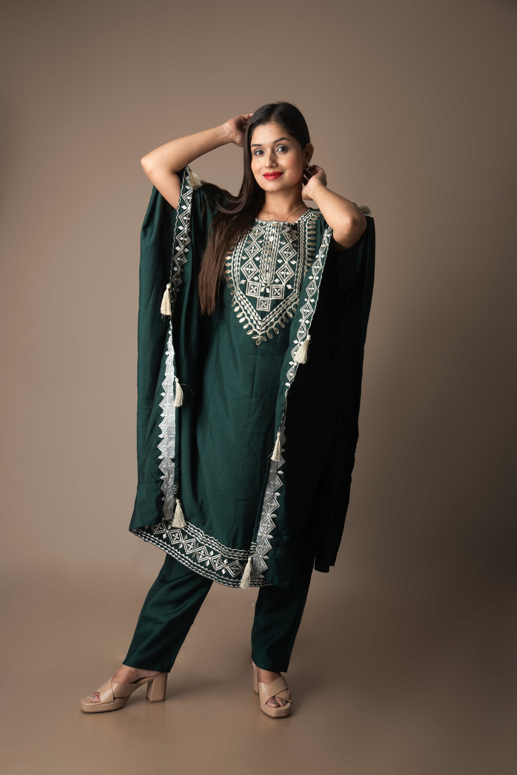 Sharini – Emerald Green Roman Silk Embroidered Kaftan Set | The Utsav Edit