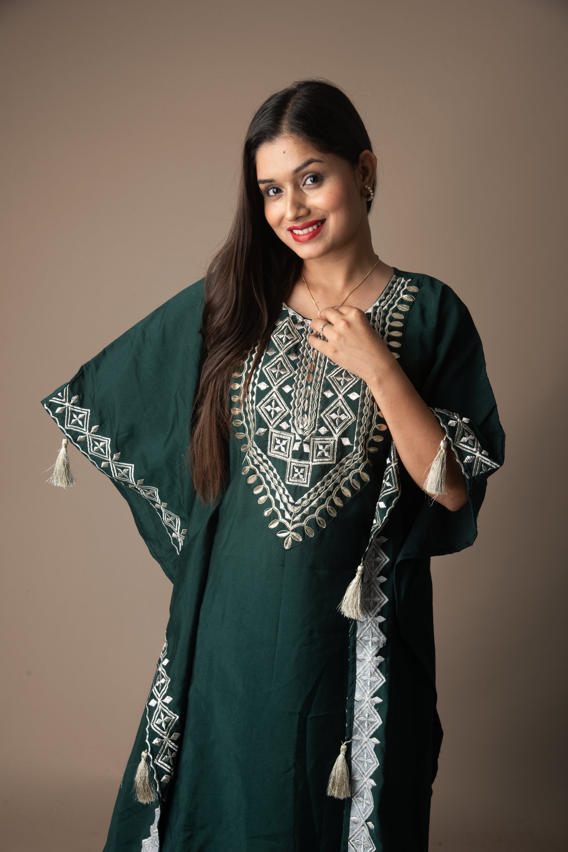 Sharini – Emerald Green Roman Silk Embroidered Kaftan Set | The Utsav Edit