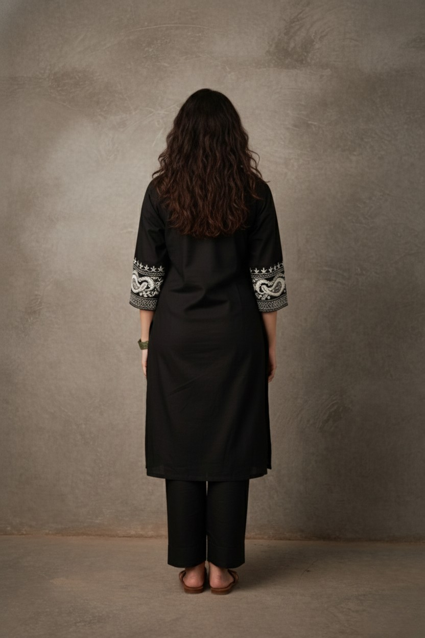 Person wearing a black outfit with white embroidery standing against a gray wall.