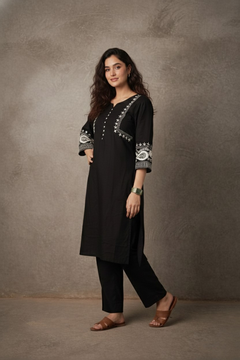 Woman wearing a black kurta with white embroidery against a gray background