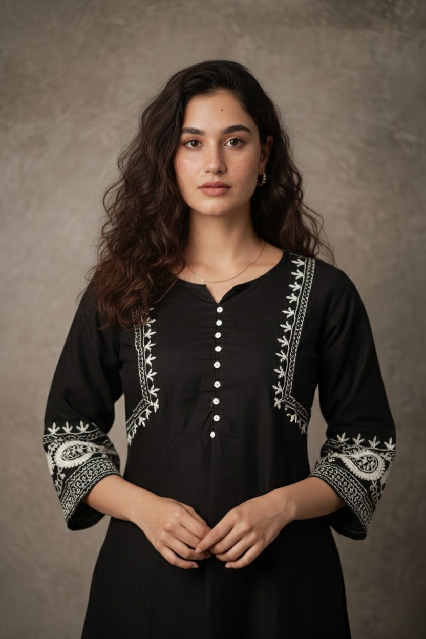 Woman wearing a black dress with white embroidery against a brown background