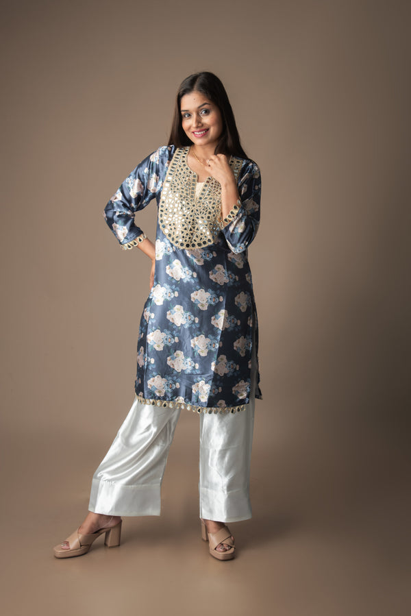 Lavisha – Navy Blue Floral Crepe Kurta Farsi Pant Set with Mirror Work | The Utsav Edit