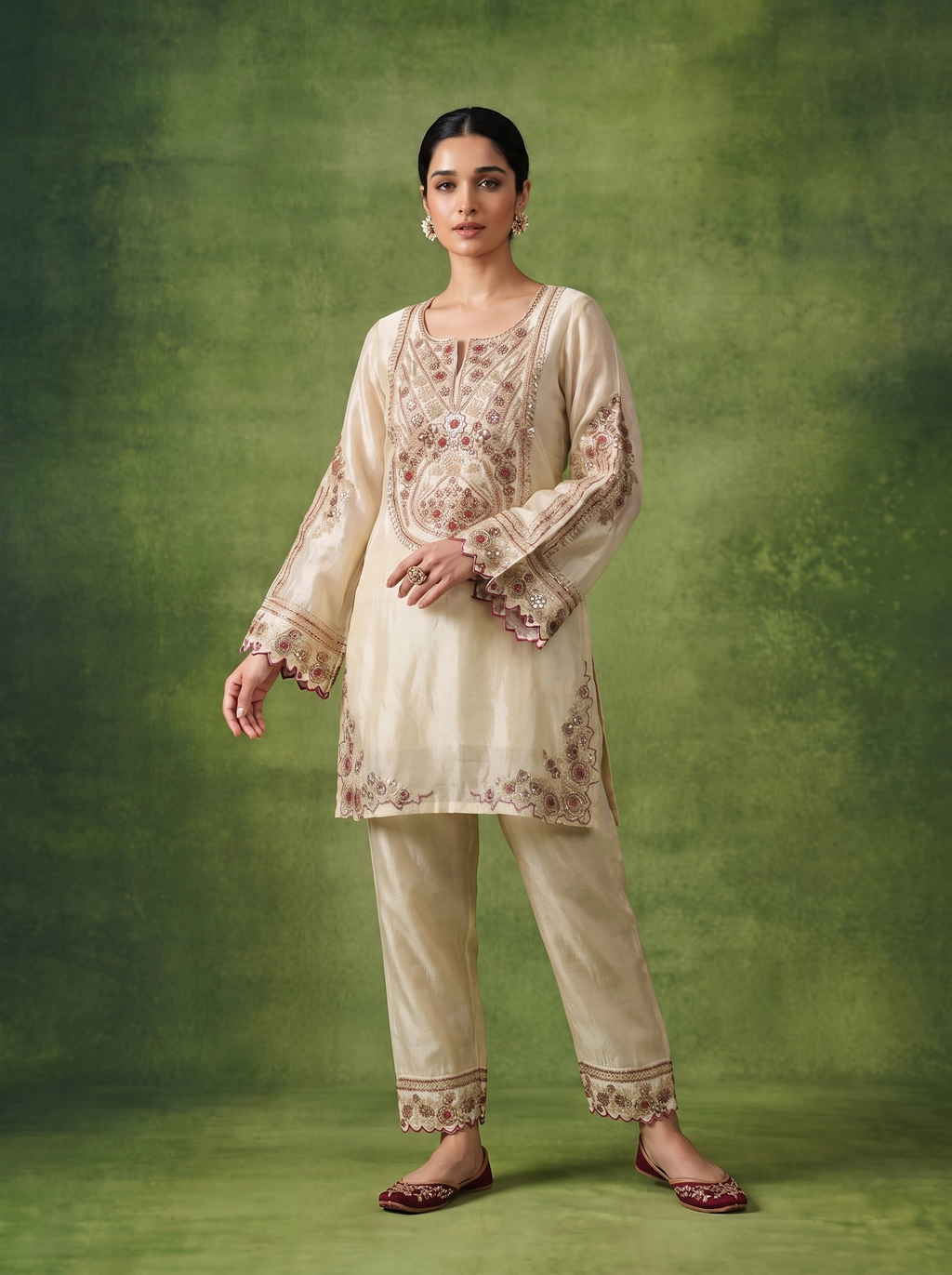 A woman modeling a traditional beige kurta and trouser set with intricate floral embroidery, set against a textured olive green studio backdrop.