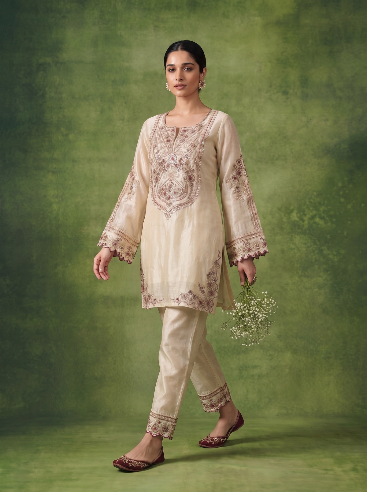 A woman modeling a cream-colored traditional three-piece outfit with brown floral embroidery, standing against a textured green studio backdrop.
