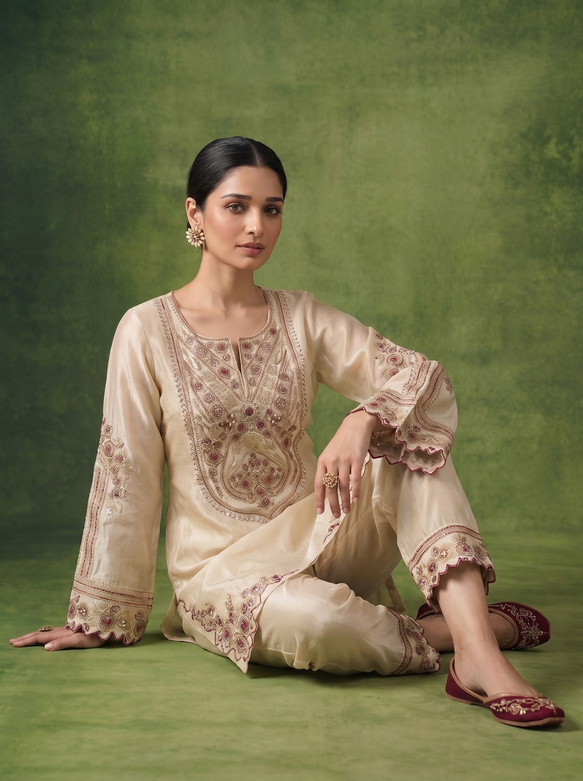 A woman sits cross-legged against a textured olive green studio backdrop, wearing a cream-colored traditional embroidered kurta set with matching pants and maroon embroidered flat shoes.