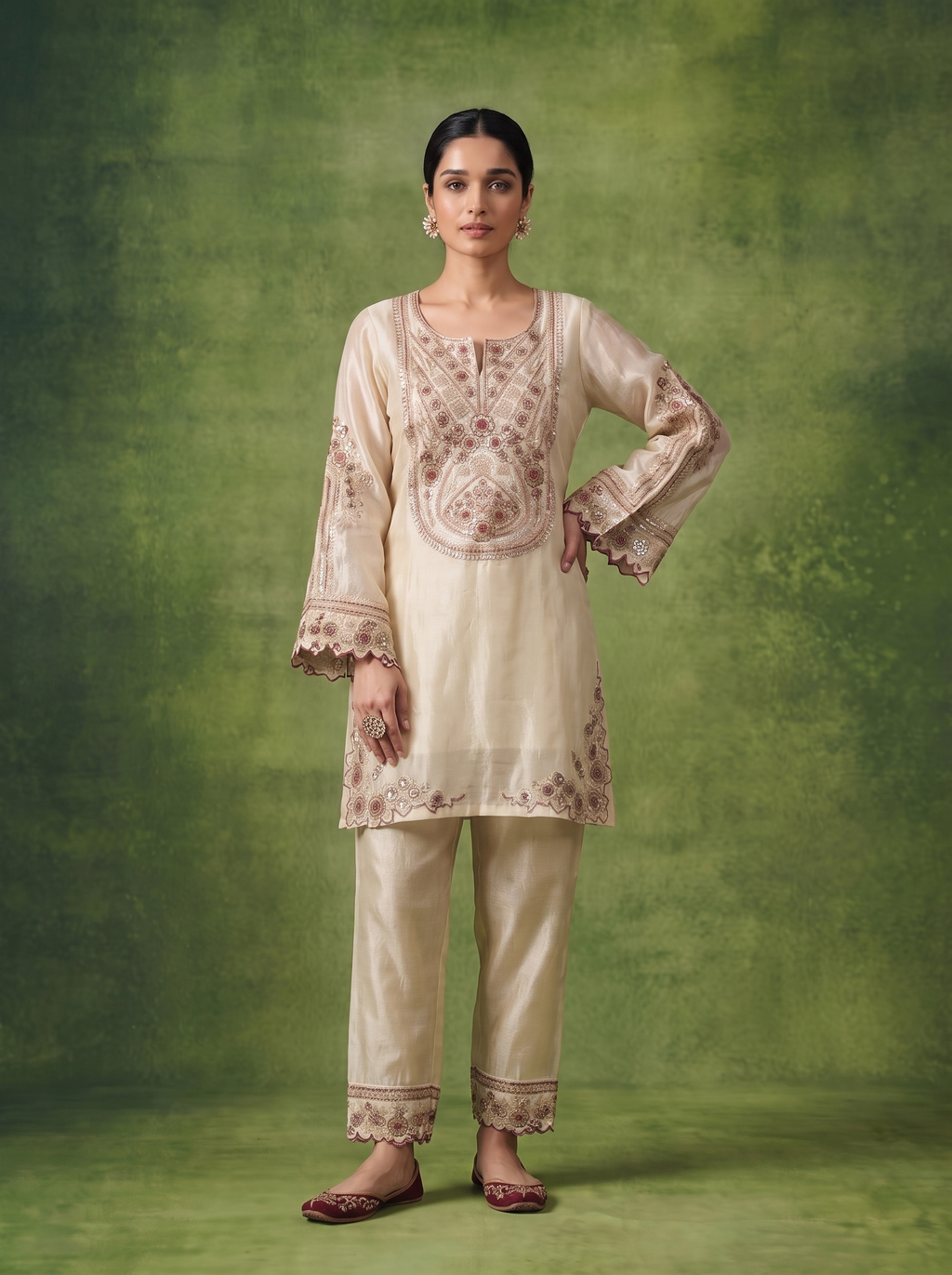 A woman modeling a traditional Indian salwar kameez suit in cream with intricate brown embroidery, standing against a textured green backdrop.