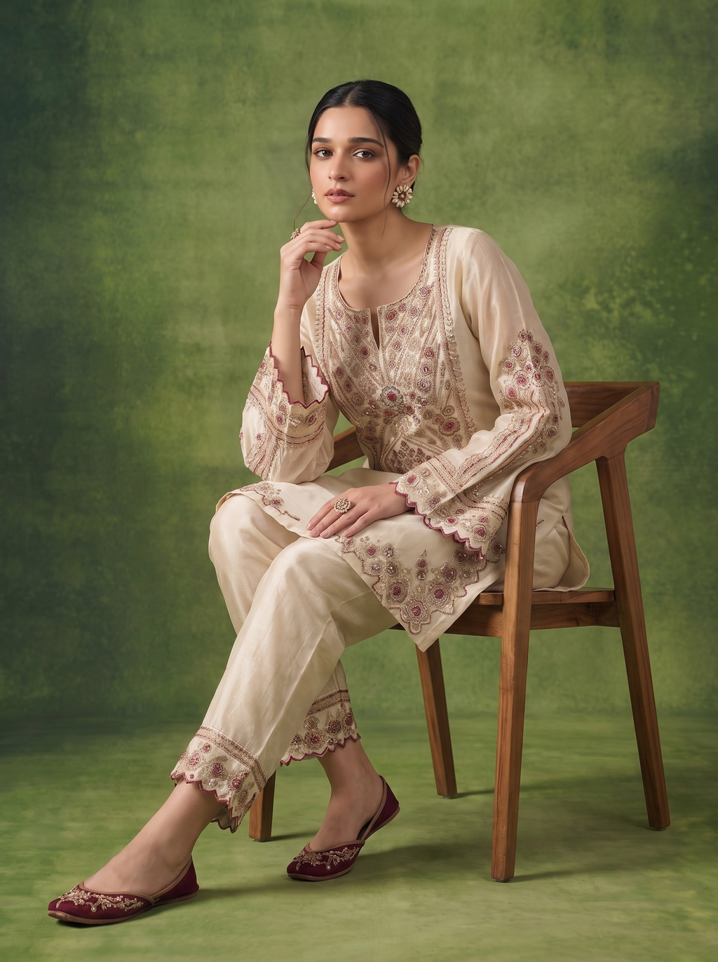 A woman seated on a wooden chair wearing a cream-colored embroidered traditional outfit with matching pants and dark red embellished flats, posed against a textured green studio backdrop.