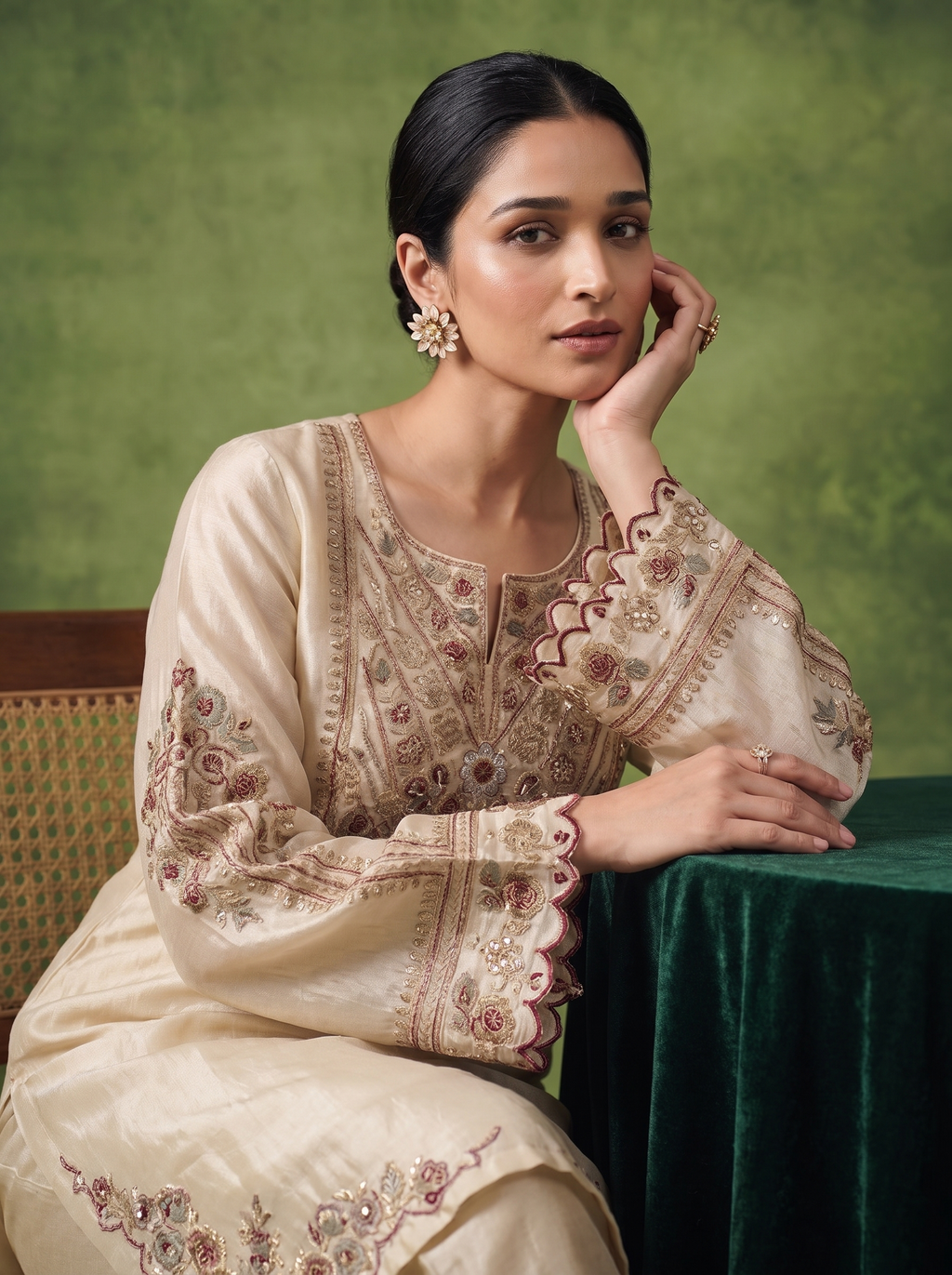 A woman wearing a beige embroidered traditional outfit with scalloped sleeves, seated beside a dark green velvet-covered table against a textured olive-green backdrop.