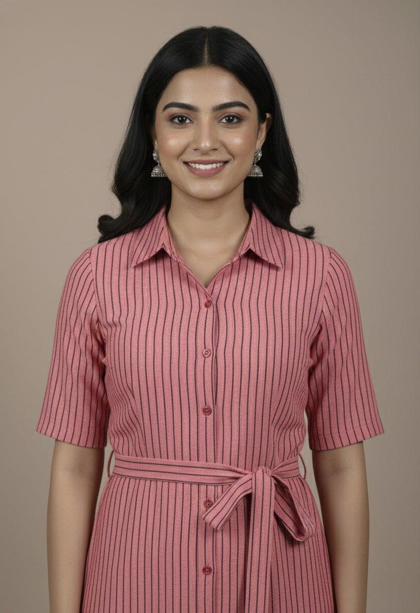 Woman wearing a pink striped dress against a beige background