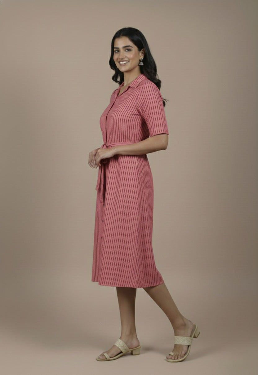 Woman wearing a pink striped dress against a beige background