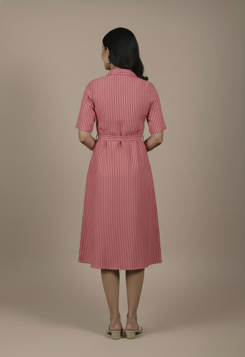 Woman wearing a pink striped dress against a beige background