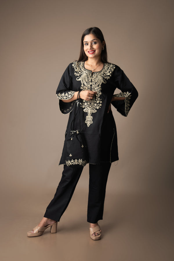 Mrinalika – Black Vatican Silk Pakistani Embroidered Kurta Bottom Set with Potli | The Utsav Edit