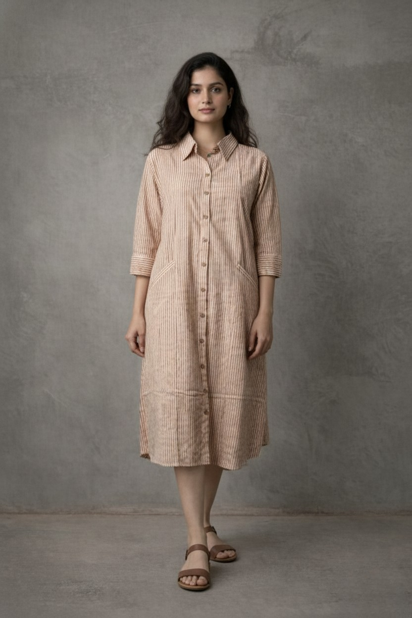 Woman wearing a beige checkered dress against a gray background