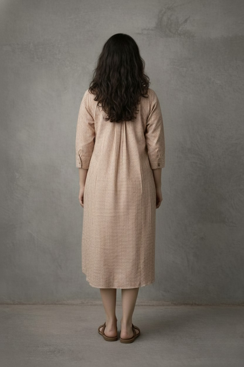 Woman wearing a beige dress standing against a plain gray wall.