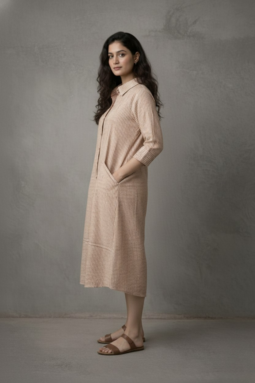 Woman wearing a beige checkered dress against a gray background