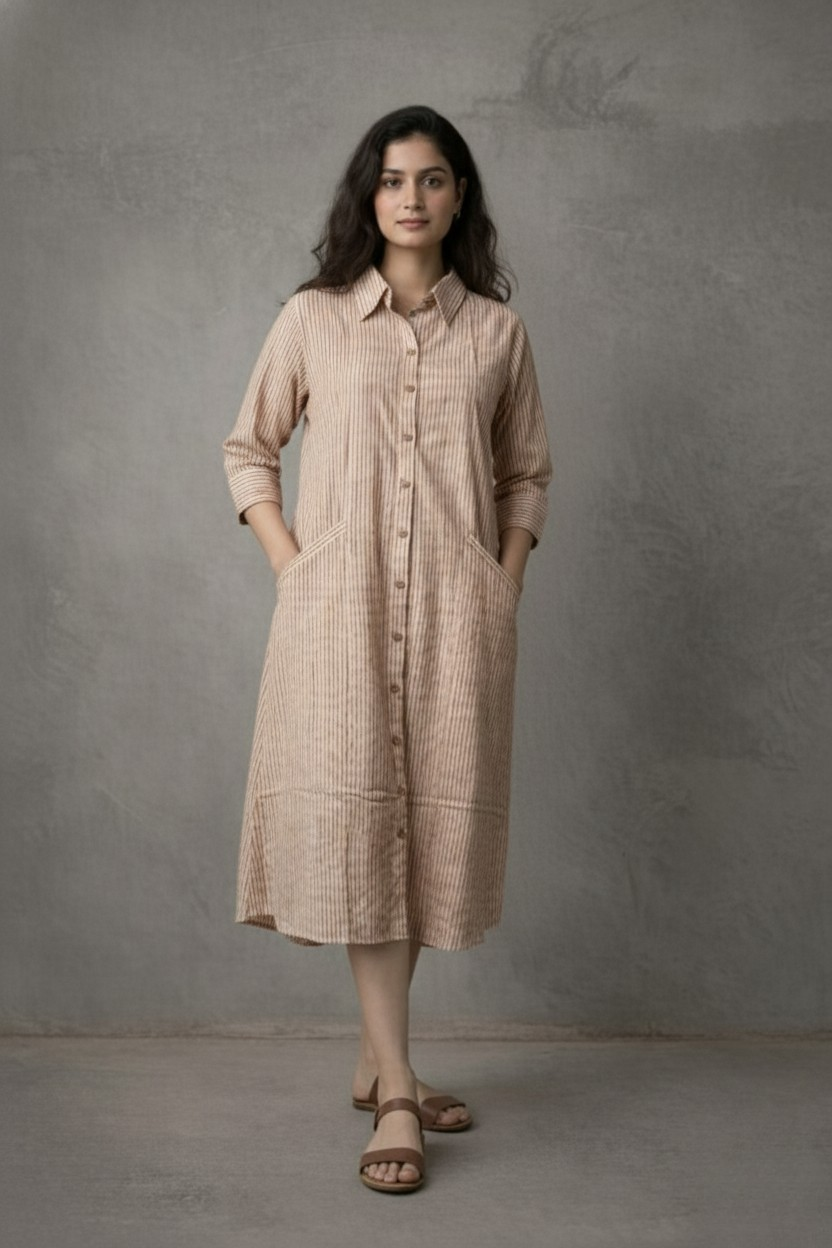 Woman wearing a beige checkered dress against a gray background