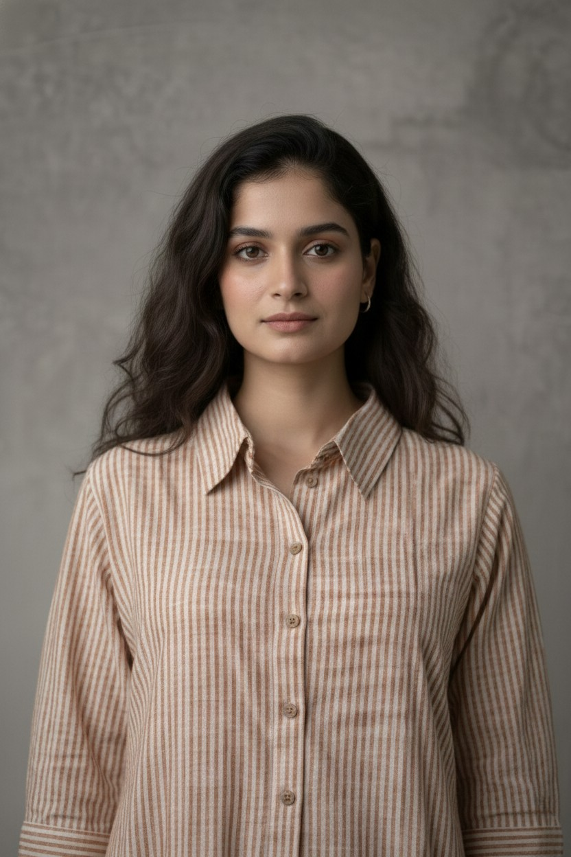 Woman wearing a striped shirt against a gray background