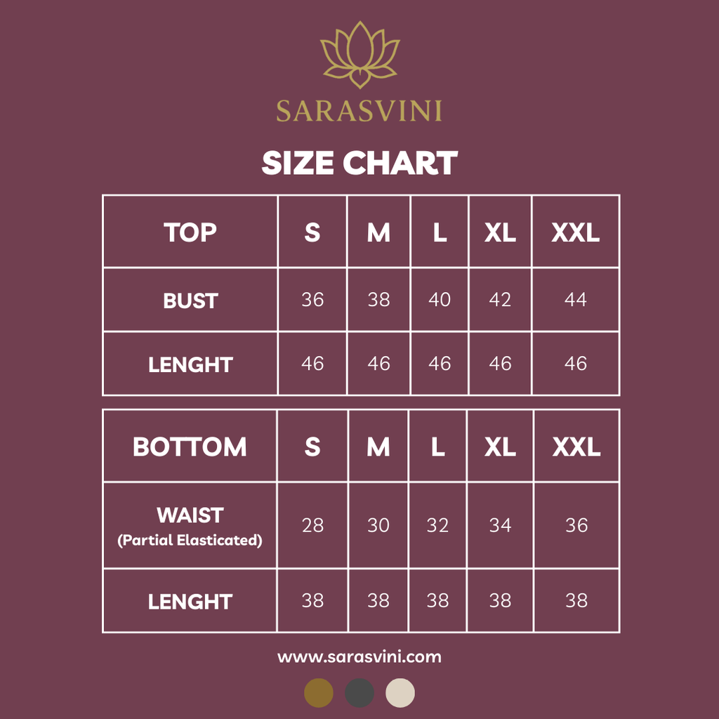 Sarasvini size chart on a maroon background