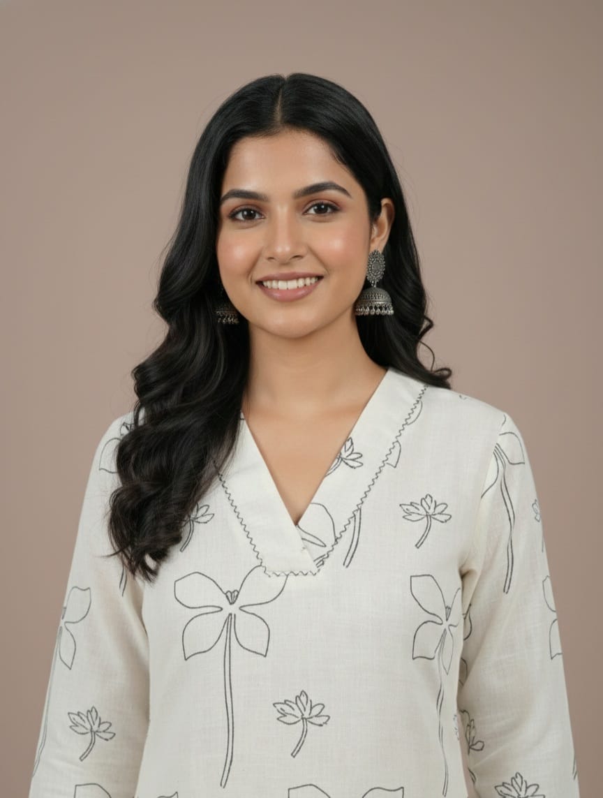 Woman wearing a white floral embroidered top against a beige background