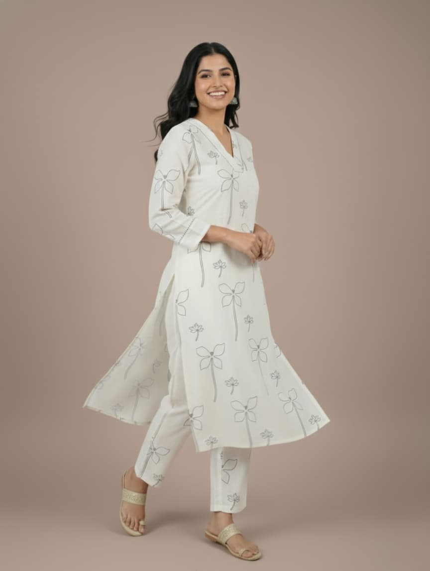 Woman wearing a white embroidered outfit on a beige background