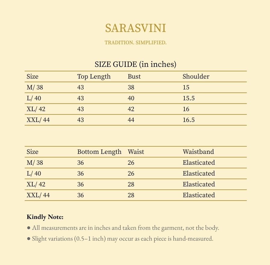 Size guide for Sarasvini clothing with measurements in inches.