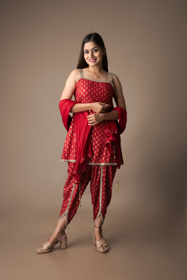 Pranita – Red Rayon Sleeveless Three-Piece Set with Mirror Detailing | The Utsav Edit