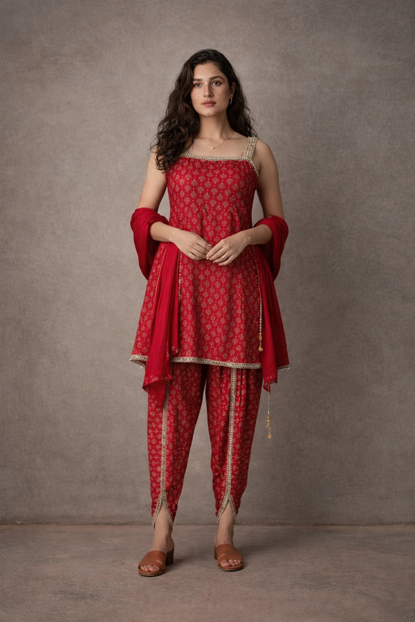Pranita – Red Rayon Sleeveless Three-Piece Set with Mirror Detailing | The Utsav Edit