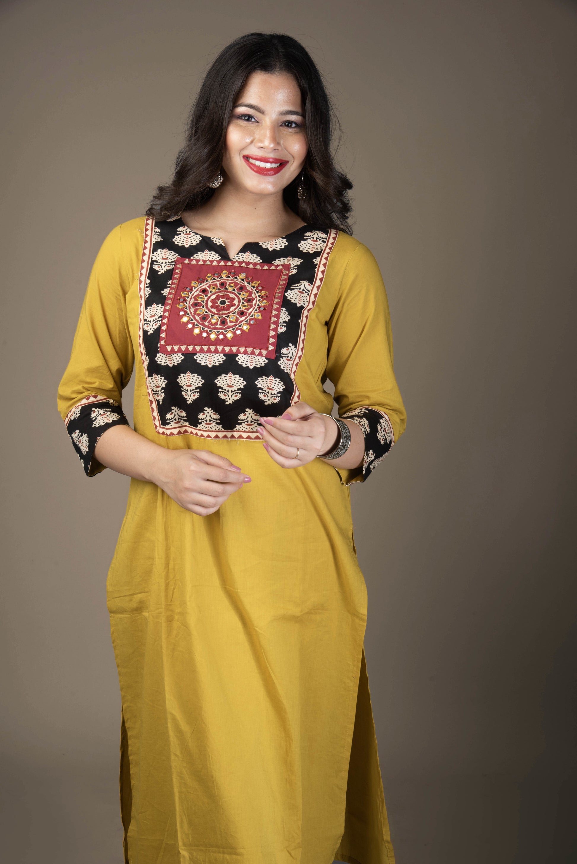 Pravya – Mustard Suit Set with Embroidered Yoke & Contrast Dupatta | The Nitya Edit
