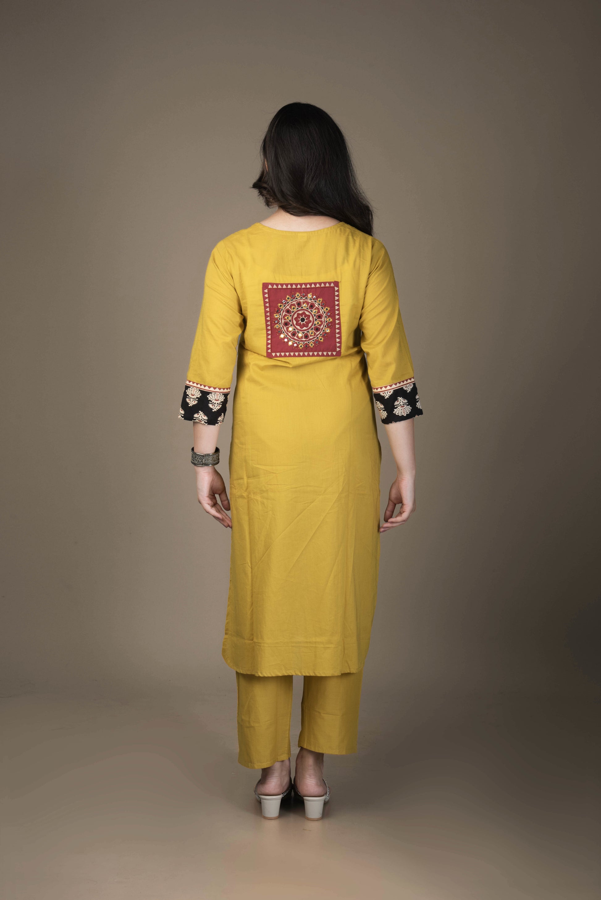 Pravya – Mustard Suit Set with Embroidered Yoke & Contrast Dupatta | The Nitya Edit