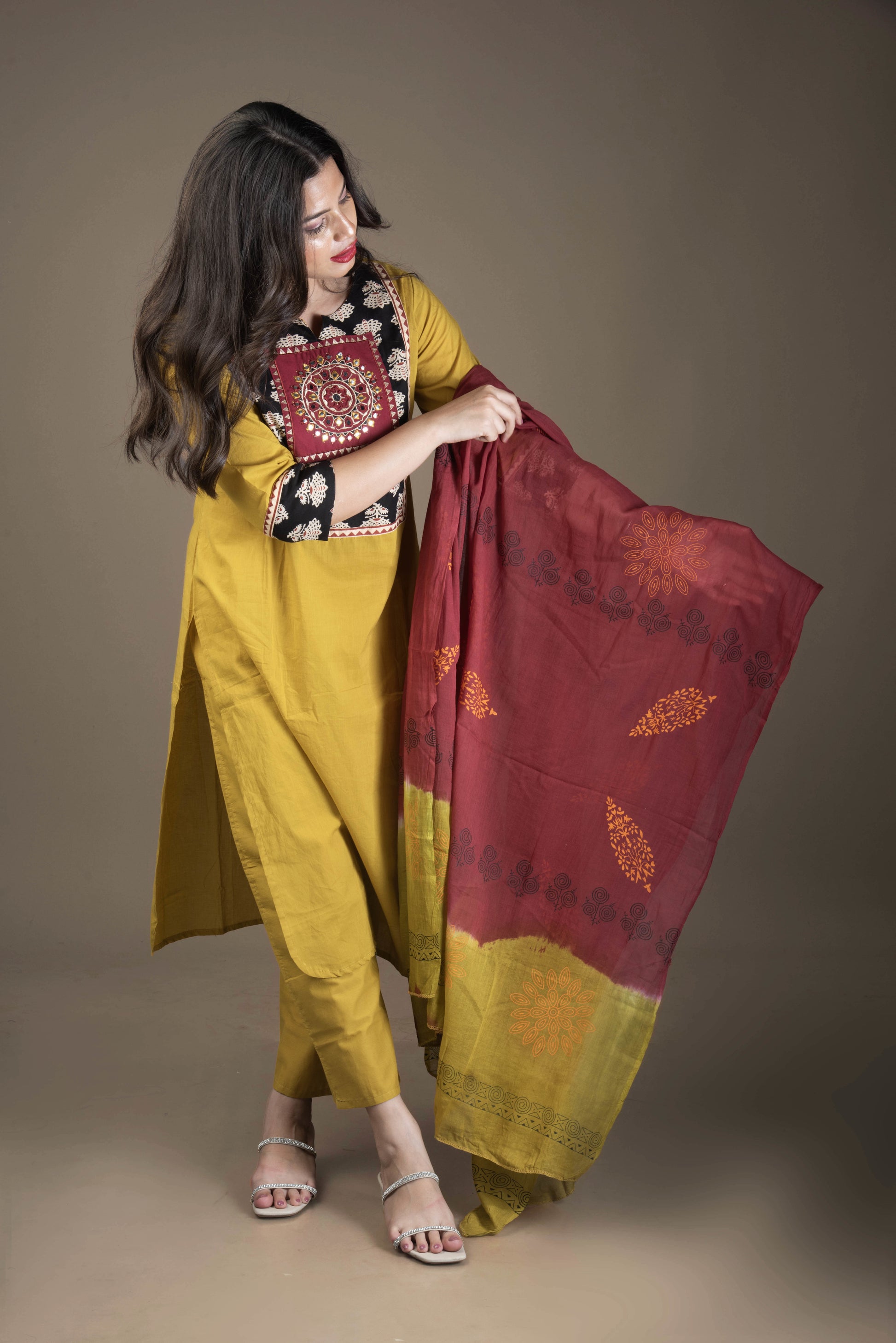 Pravya – Mustard Suit Set with Embroidered Yoke & Contrast Dupatta | The Nitya Edit