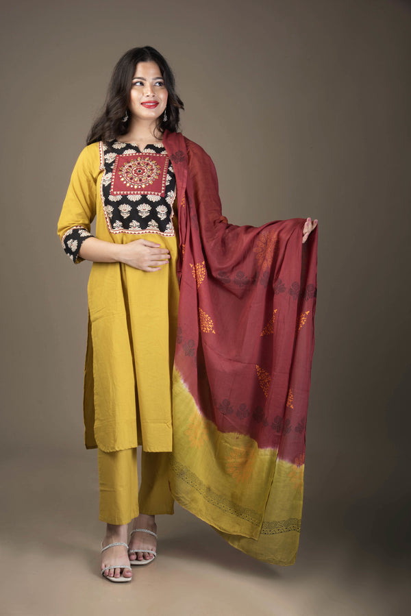 Pravya – Mustard Suit Set with Embroidered Yoke & Contrast Dupatta | The Nitya Edit