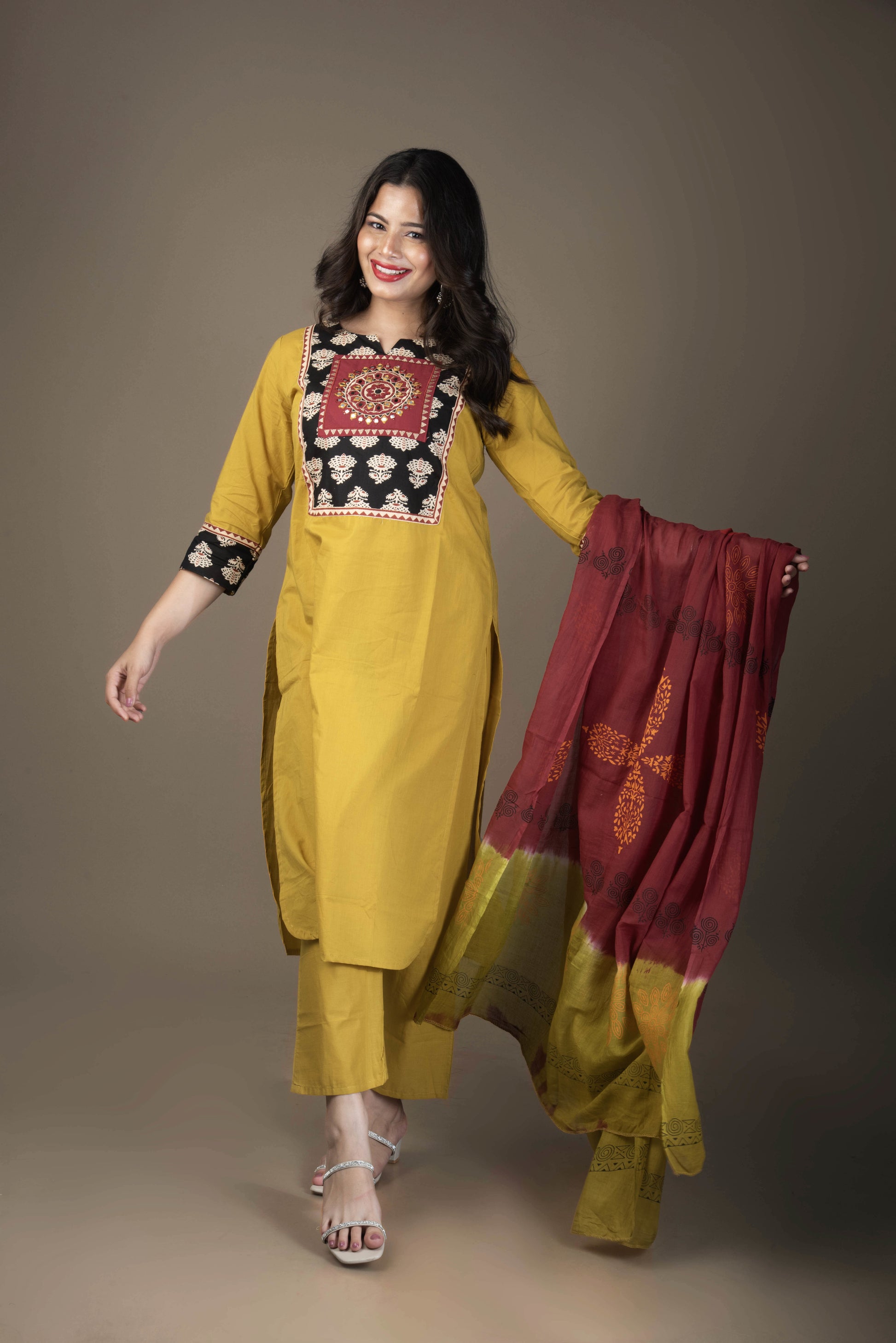 Pravya – Mustard Suit Set with Embroidered Yoke & Contrast Dupatta | The Nitya Edit