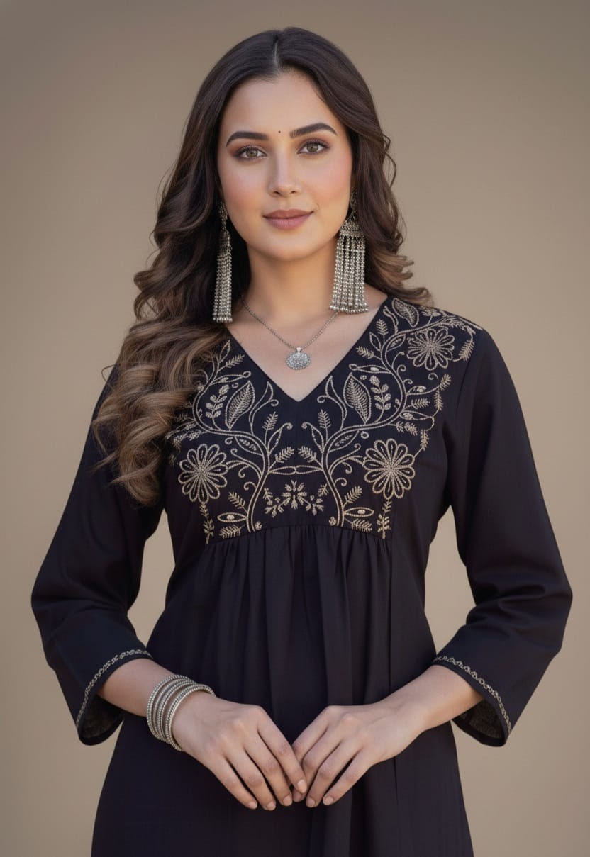 Woman wearing a black dress with gold embroidery against a brown background
