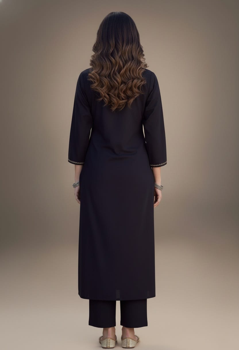 Person wearing a long black dress against a plain background