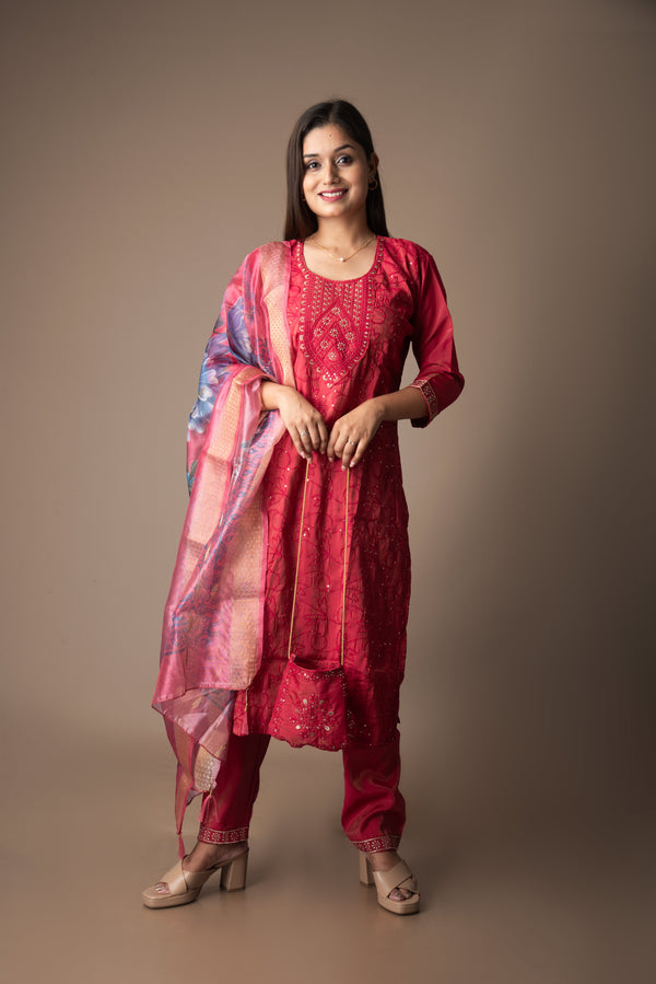 Ravisha – Red Roman Shimmer Embroidered 3 Piece Set with Beaded Sling Pouch | The Utsav Edit