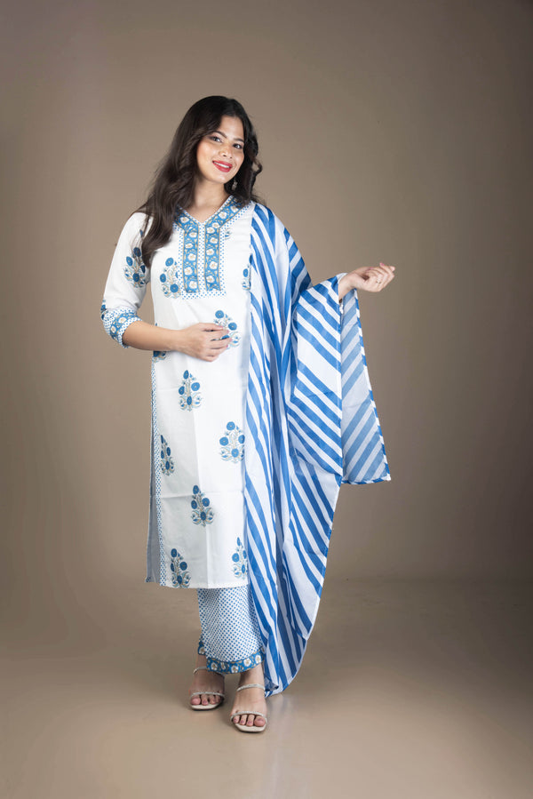 Samira – White Kurta Set with Blue Detailing | The Nitya Edit