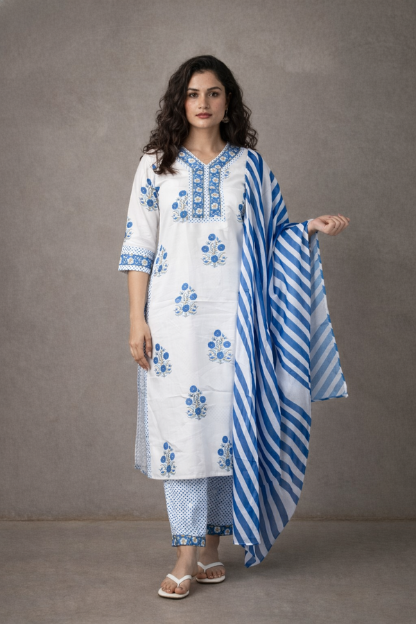 Samira – White Kurta Set with Blue Detailing | The Nitya Edit