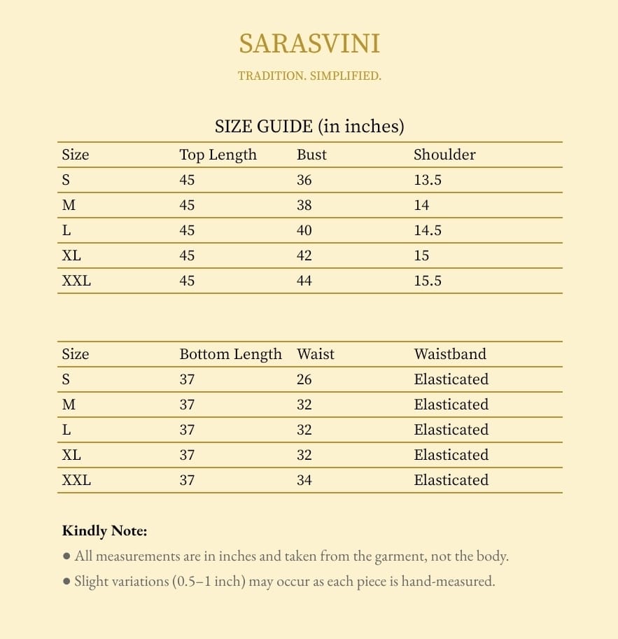 Size guide for Sarasvini clothing with measurements in inches.