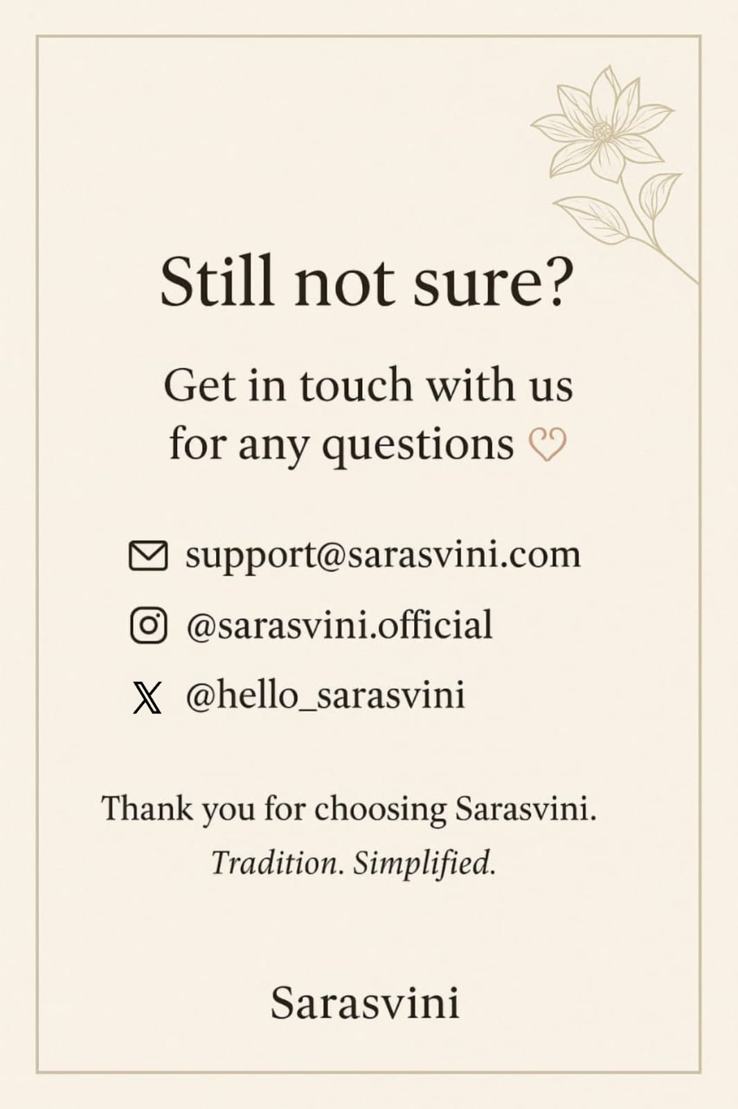 Contact information for Sarasvini on a beige background with floral design