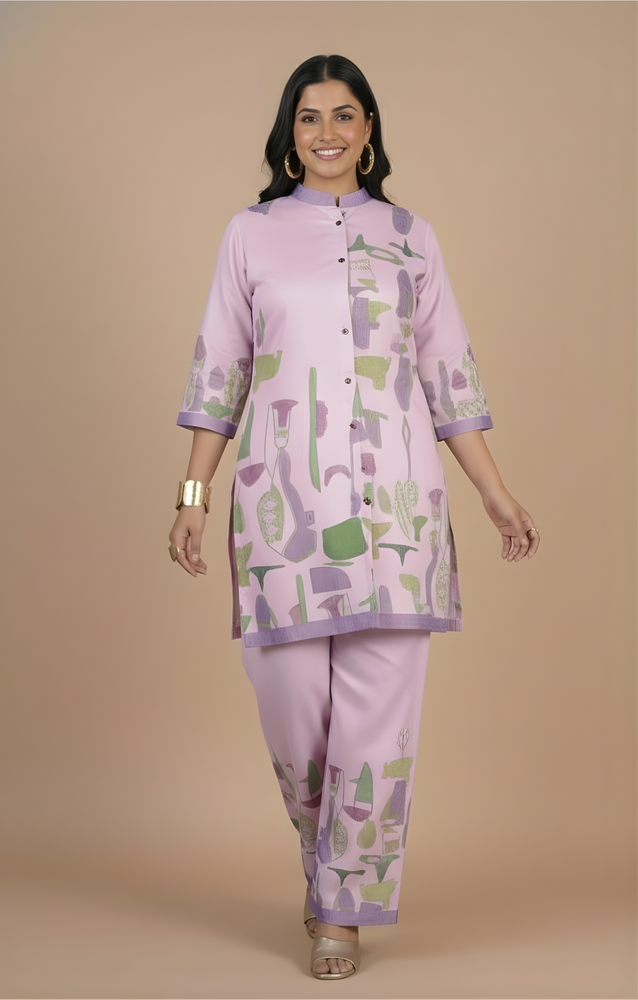 Woman wearing a light purple traditional outfit with green patterns on a beige background