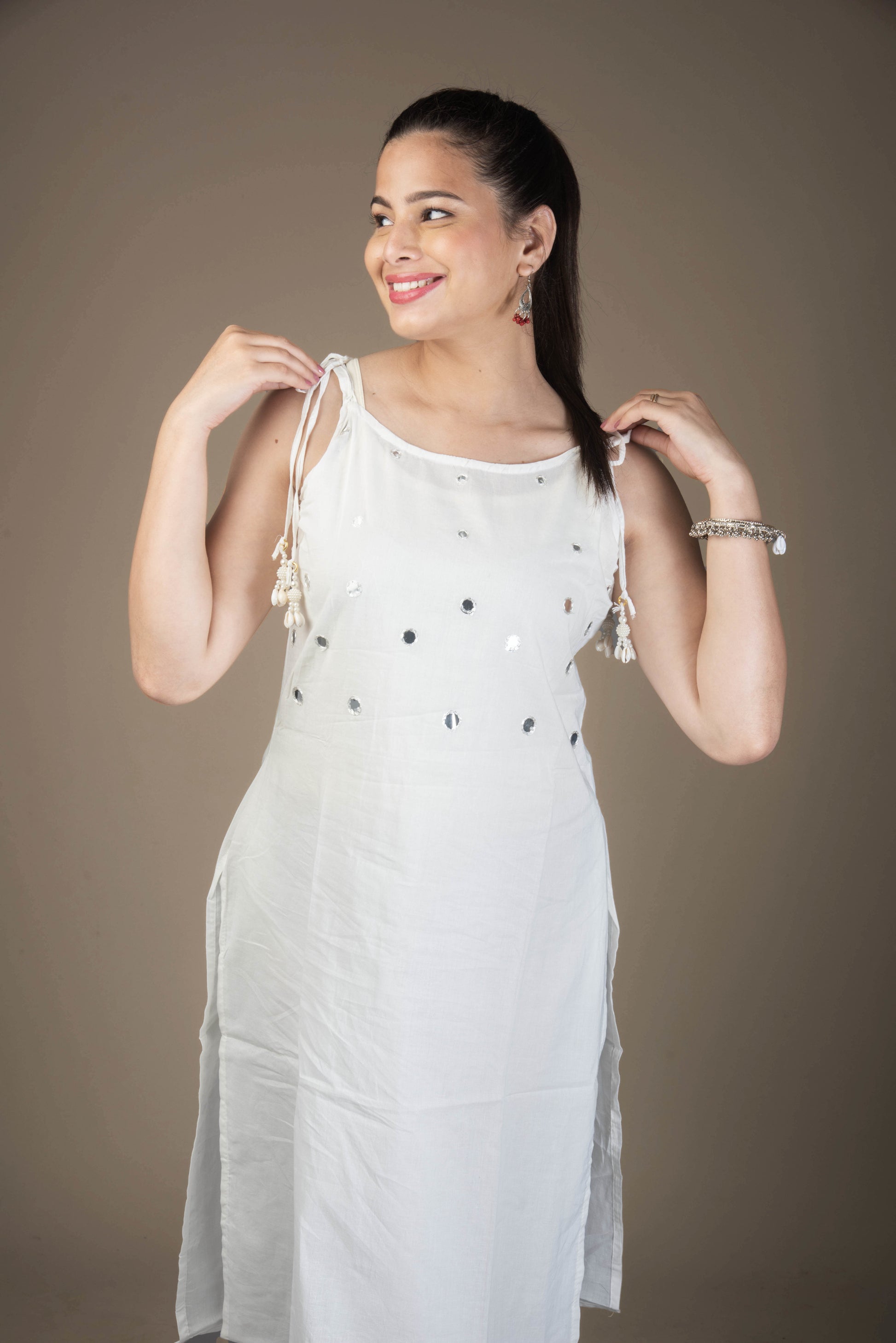 Shveta – Classic White Kurta Bottom Set with Foil Mirror Highlights | The Nitya Edit