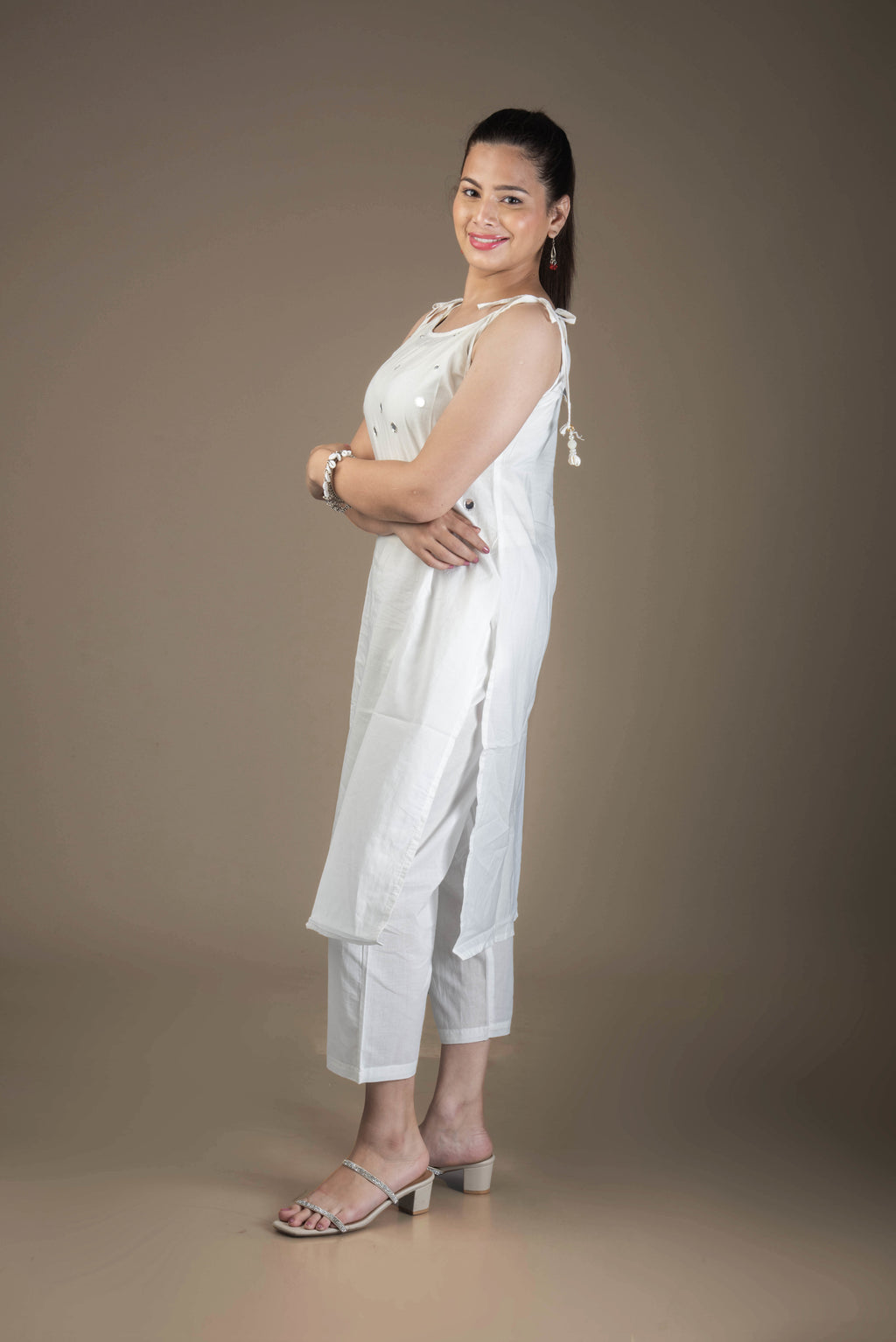 Shveta – Classic White Kurta Bottom Set with Foil Mirror Highlights | The Nitya Edit