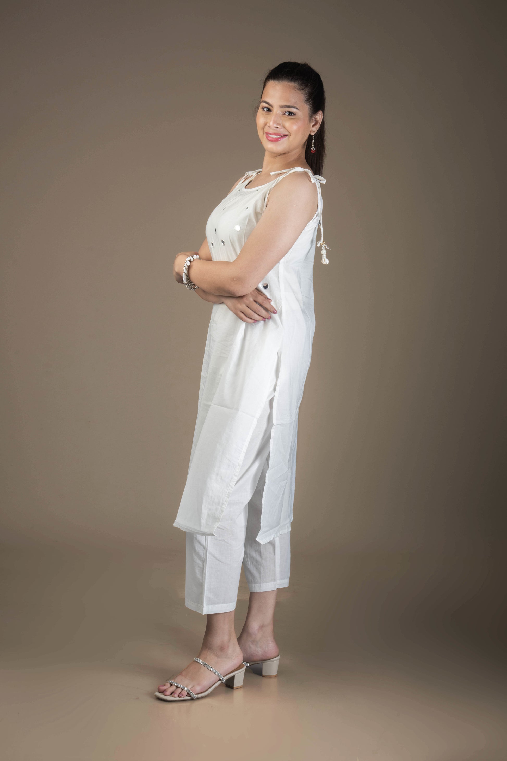 Shveta – Classic White Kurta Bottom Set with Foil Mirror Highlights | The Nitya Edit