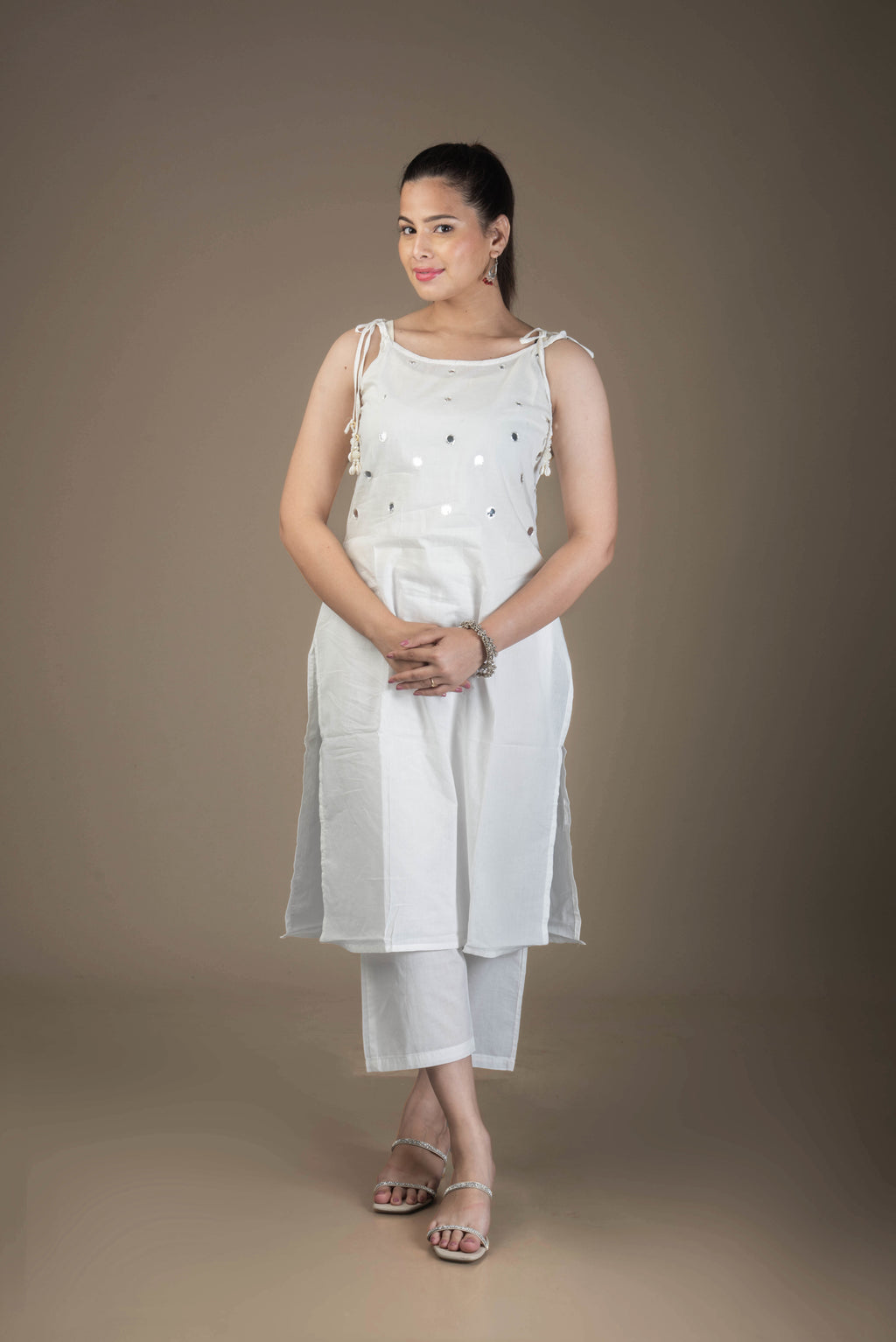 Shveta – Classic White Kurta Bottom Set with Foil Mirror Highlights | The Nitya Edit