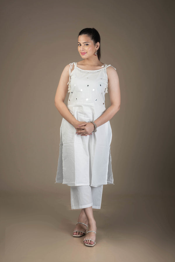 Shveta – Classic White Kurta Bottom Set with Foil Mirror Highlights | The Nitya Edit