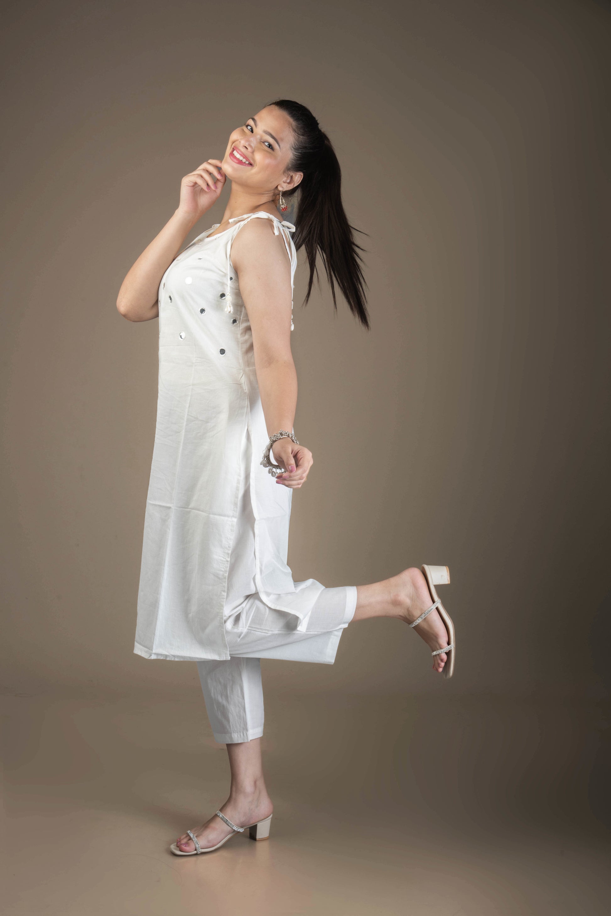 Shveta – Classic White Kurta Bottom Set with Foil Mirror Highlights | The Nitya Edit